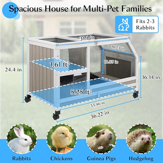36''L Rabbit Hutch Outdoor with Casters and Run, Wooden Indoor 2 Story Guinea Pig Cage with Divider Panel, Pull Out Tray, Rabbit Duck Bunny House for Small to Medium Animals and Pet Lover, Gray