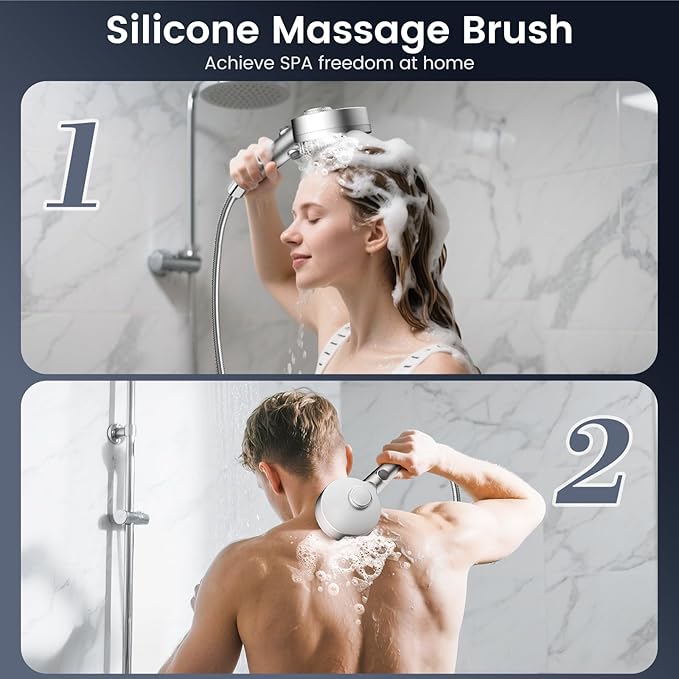 Filtered Shower Head with Handheld, High Pressure 4 Spray Mode Showerhead with Filters, Water Softener Beads for Hard Water with ON/OFF Switch for Pets - Remove Chlorine (Silver, 5 inch Panel)