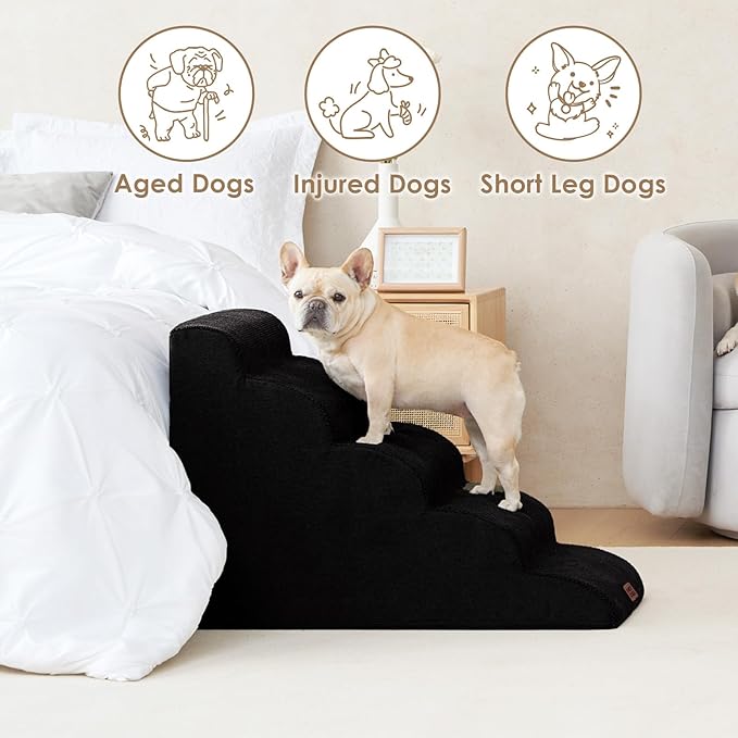 EHEYCIGA Curved Dog Stairs Ramp for High Beds 22.6" H, 5-Step Dog Steps for Small Dogs and Cats, Pet Stairs for High Bed Climbing, Non-Slip Balanced Pet Step Indoor, Black