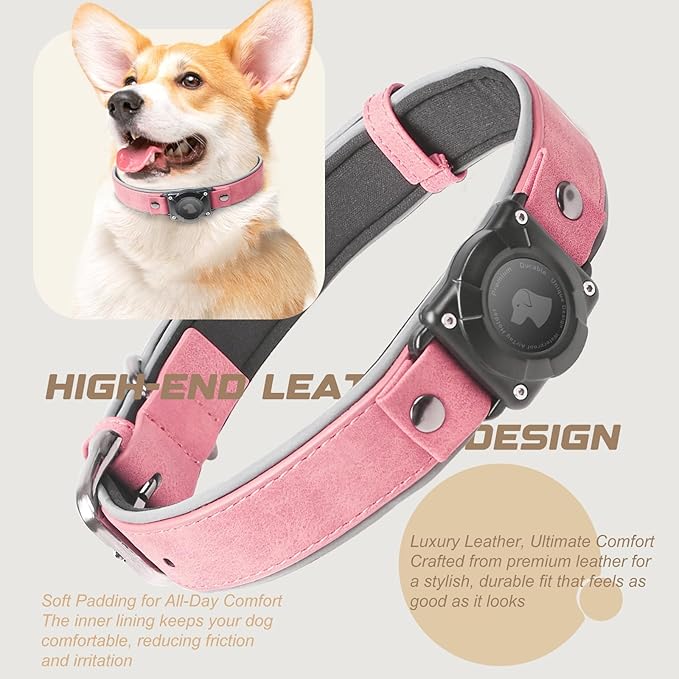 AirTag Dog Collar - Leather Dog Collar with Air Tag Holder | IPX8 Waterproof, Reflective, High - End, Adjustable Soft Padded | Dog GPS Tracker Collars Fit for Medium Large Dogs (Pink, XL)