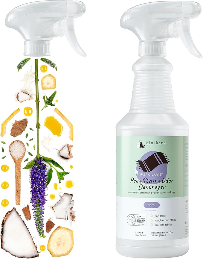 kin+kind Pet Odor Eliminator for Home - Litter Deodorizer, Pet Urine Odor Eliminator Spray and Stain Remover Spray for Harwood Floods, Carpet and Fabric - Pee, Odor and Stain Destroyer 32 fl oz