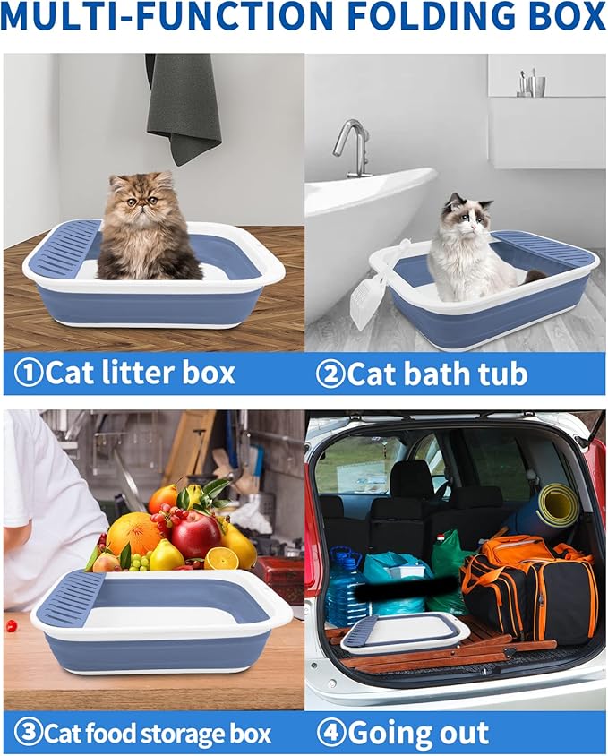 BNOSDM Senior Cat Litter Box Low Entry Kittens Travel Litter Box with Scoop Open Collapsible Shallow Cats Potty Pan Foldable Pet Toilet for Sick Disabled Older Elderly Cats Blue