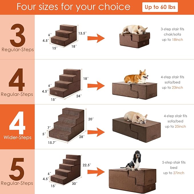 EHEYCIGA Dog Stairs for Bed 20" H, 4-Step Extra Wide Dog Steps for High Bed, Pet Steps for Small Dogs and Cats, Non-Slip Balanced Pet Ramp Indoor, Brown