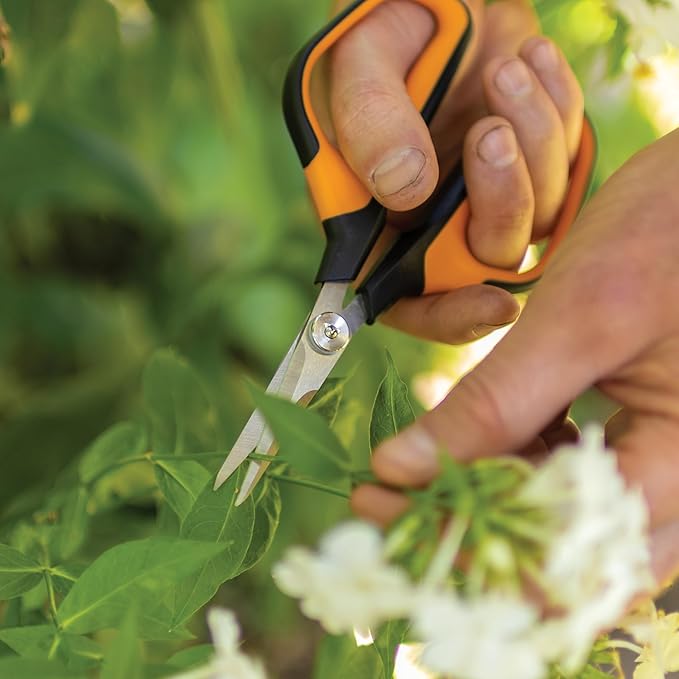 Fiskars Comfort Loop Micro-Tip Pruning Snips - 7" Garden Shears with Sheath and Extra Large SoftGrip Handle - Yard and Garden Tools - Orange/Black