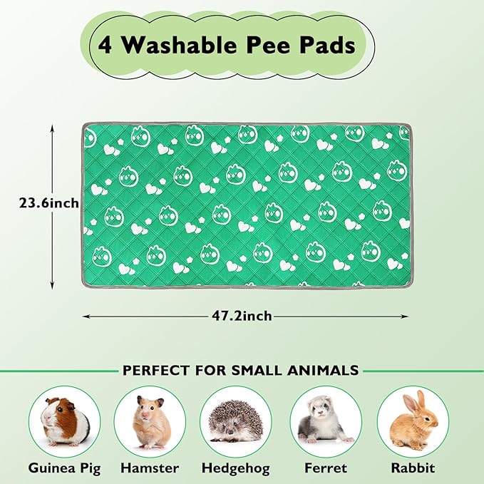 4 Pack Guinea Pig Bedding - Washable Guinea Pig Liners for Midwest Cage, Waterproof Reusable Pee Pads Super Absorbent Mats for Small Animals Pet Rabbit Bunny Hamster Rat (Green, 48 x 24 Inch)