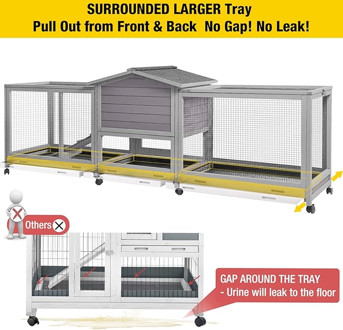Aivituvin Rabbit Hutch Large 2-Story Bunny Cage Indoor Outdoor on Wheels Bunny House with Run,Pull-Out Tray