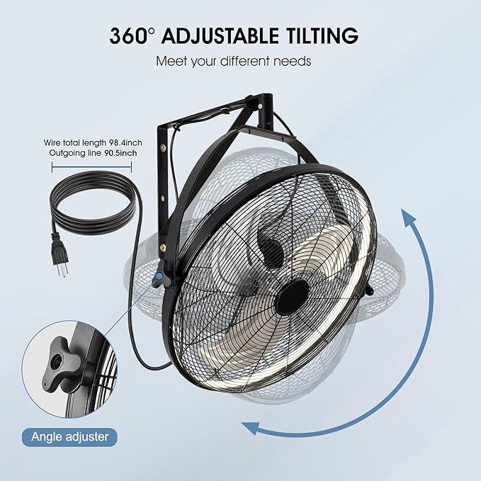 20 inch Wall Mount Fan with Lights and Remote,6-Speed Gazebo Ceiling Fan Adjustable Tilt Dimmable Wall Fan,High Velocity Industrial Outdoor Fans for Patio,Garage,Commercial,Black