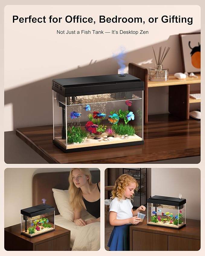 Fish Tank with Desktop Humidifier, 2.38 Gallon Quiet Eco Aquarium,Smart Touch LED Light & Temperature Display, Glass Mini Fish Tank