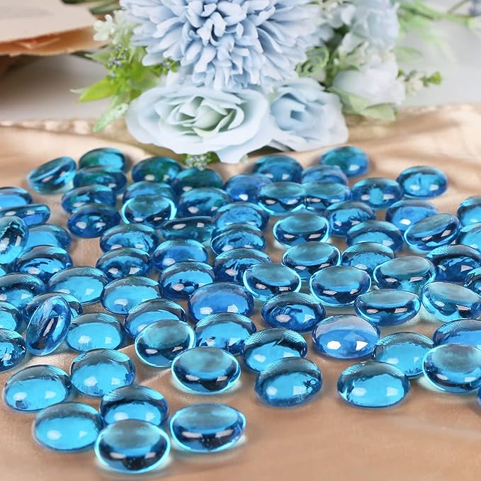 FUTUREPLUSX 1LB Light Blue Flat Glass Marbles, Glass Pebbles Vase Fillers for Centerpieces, Fish Tank for Aquarium Gravel Decor Table Scatter Art Craft