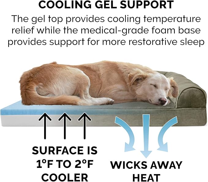 Furhaven Cooling Gel Dog Bed for Medium/Small Dogs w/ Removable Bolsters & Washable Cover, For Dogs Up to 35 lbs - Faux Fur & Velvet Sofa - Dark Sage, Medium