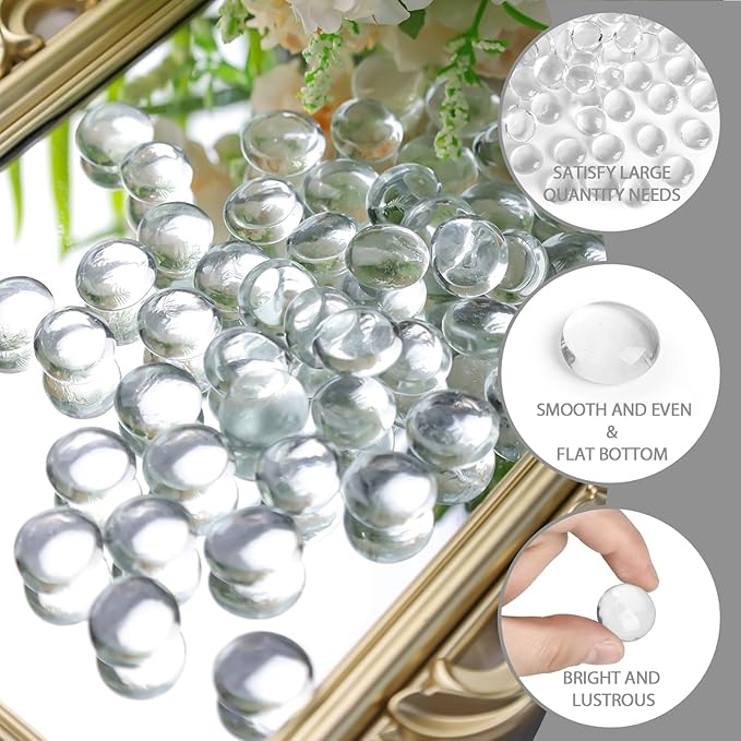 FUTUREPLUSX 1Lb Flat Glass Marbles, Clear Flat Gems Transparent Aquarium Pebbles Vase Filler Beads Table Scatters