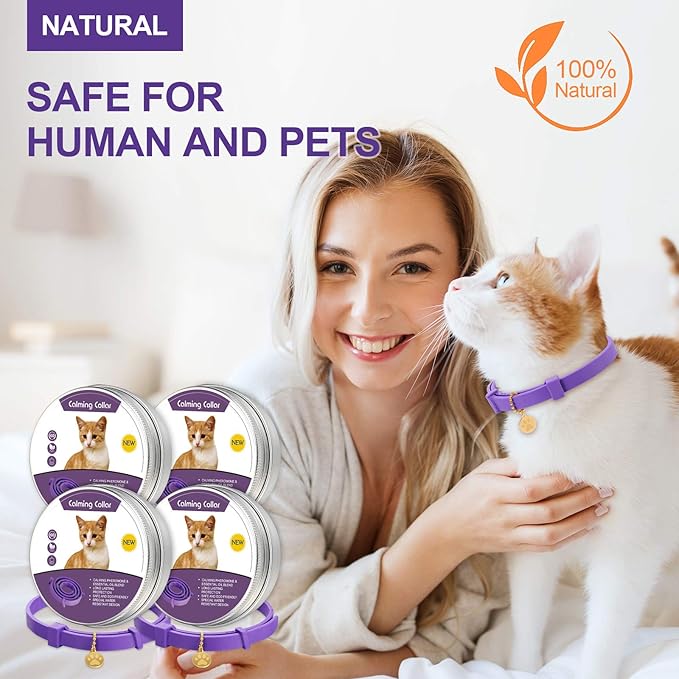 4 Pcs Cat Calming Collar Adjustable Lavender Scent Relaxing Cat Collar with 2 Pendant for Puppies Reduce Stress Aggression Anxious, up to 15 Inches(Purple, Gold)