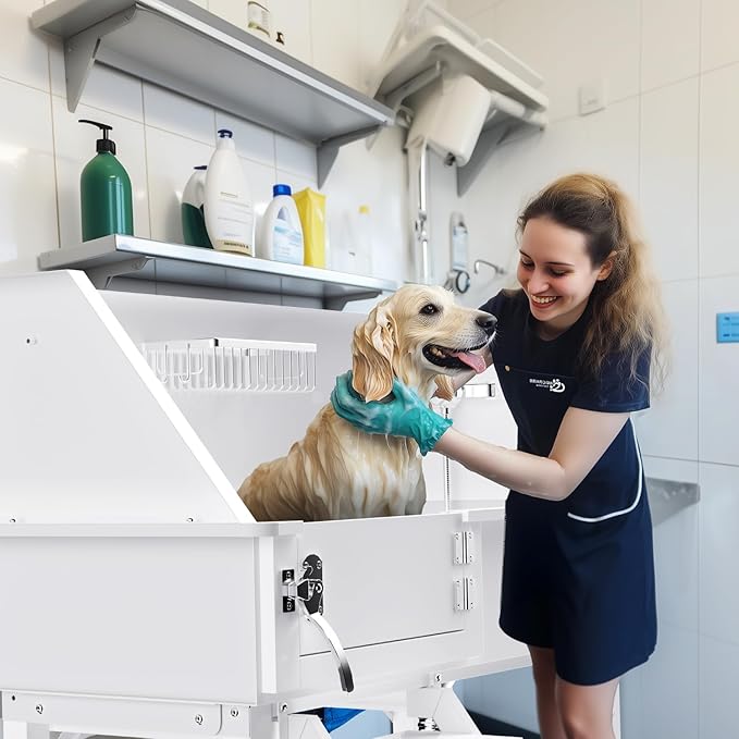 38" Dog Washing Station, Professional Stainless Steel Dog Bathing Station Dog Bathtub for Large & Medium Dog, Height Adjustable Dog Grooming Tub with Storage Basket, Movable Stair (Left Stair)