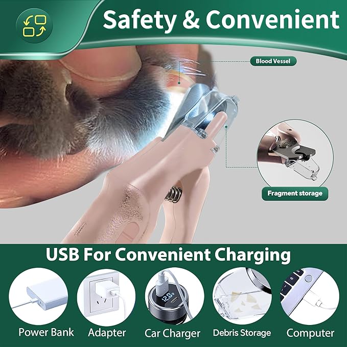 2 in 1 Cat Nail Clippers & Dog Nail Clippers Trimmers for Large Medium Small Dogs Cats Claw Trimmer Quick Sensor and Safety Guard USB Rechargeable with 2 LED Lights Dogs Nail Trimmer