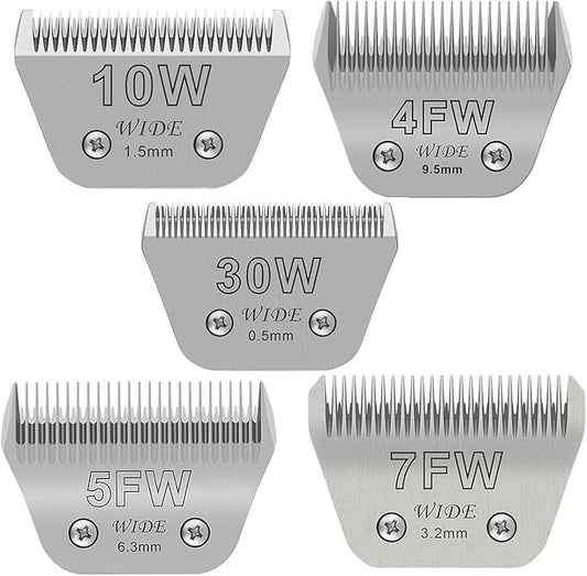 5PCS Wide Blades for Dog Grooming Blades Compatible with Andis Dog Clipper,Dog Clipper Blades for Oster A5,Wahl km10 Dog Clippers Stainless Steel for Animal Dog,Cat,Horse,Size:#10W+30W+4FW+5FW+7FW
