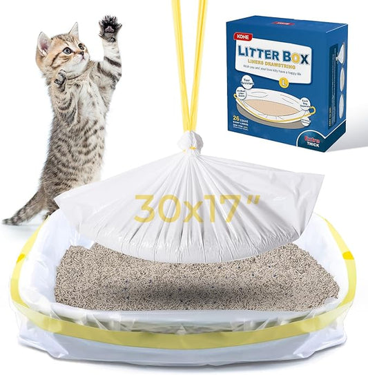 KONE Cat Litter Box Liners, 26 Count Extra Durable Large Drawstring Kitty Litter Pan Bags, 30" x 17"