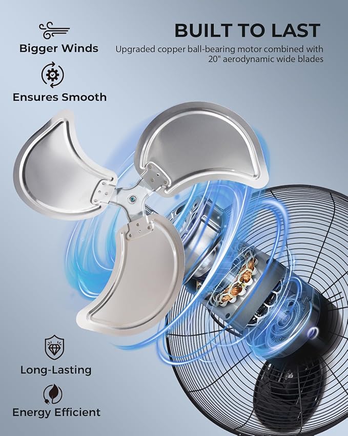 20 inch Wall Mount Fan Oscillating, 3-Speed 5500 CFM High Velocity Industrial Wall Mounted Fan, Heavy Duty Air Circulator for Garage, Shop, Gym, Workshop, Covered Patio - UL Listed