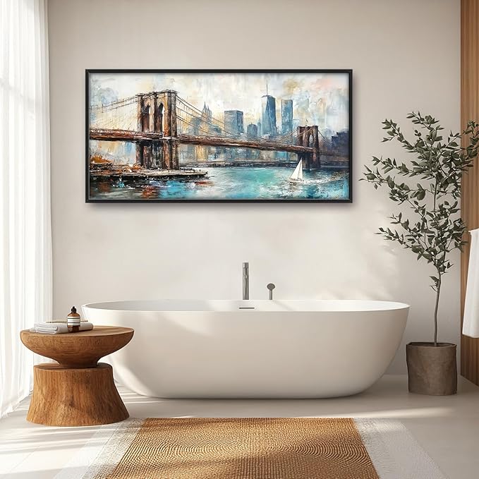 Extra Large Framed Brooklyn Bridge Wall Art,New York City Wall Decor,Abstract Skyline Cityscape Pictures for Living Room,Canvas Print Painting Modern Artwork Bedroom Office Bathroom 60L x30W