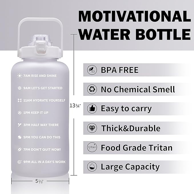 64oz,100oz,128oz Large Motivational Water Bottle with Time Marker, Leakproof & BPA Free Half Gallon Big Water Bottle with Straw Handle Tritan Frosted Water Jug for Gym,Fitness,Outdoor Sports