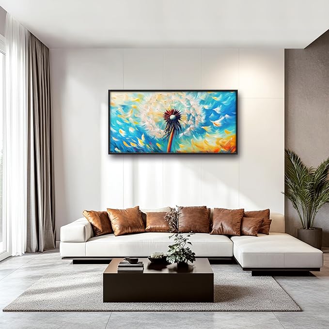 Extra Large Abstract Dandelion Framed Wall Art for Living Room,Oversized Colorful Dandelion Flower Pictures Wall Decor,Blue Canvas Print Painting Modern Artwork Bedroom Office Bathroom 60L" x 30W"