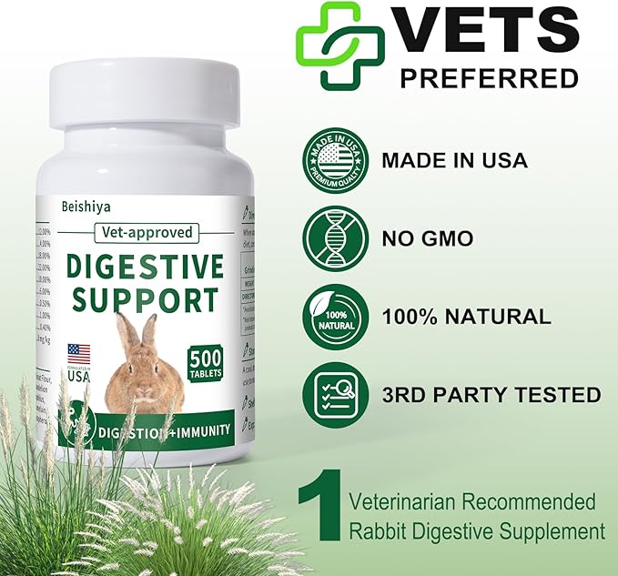 500 Tablets, Digestive Support Rabbit, Support GI Stasis, Bloat, Constipation, and Diarrhea, Strengthens Immune System, Premium Formula with High Fiber, Vitamins and Probiotics, Non-GMO