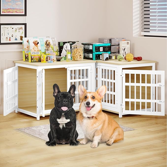 EasyCom 33" Dog Crate Furniture with Name Tag, Heavy Duty Dog Kennel Indoor for Medium and Small Dogs, Double-Doors Sturdy Metal Dog Cage, Decorate House as TV Stand, End Table, Bedside Table