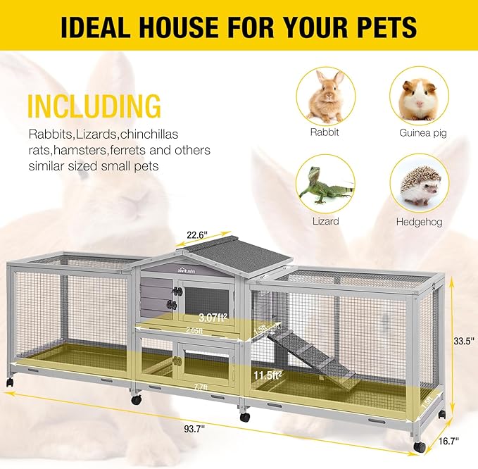 Aivituvin Rabbit Hutch Large 2-Story Bunny Cage Indoor Outdoor on Wheels Bunny House with Run,Pull-Out Tray