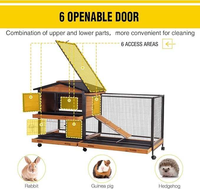 AIVITUVIN Rabbit Hutch Indoor with Metal Frame Rabbit Cage with Pull Out Tray No Leakage Bunny Cage with Wheel Guinea Pig Cage