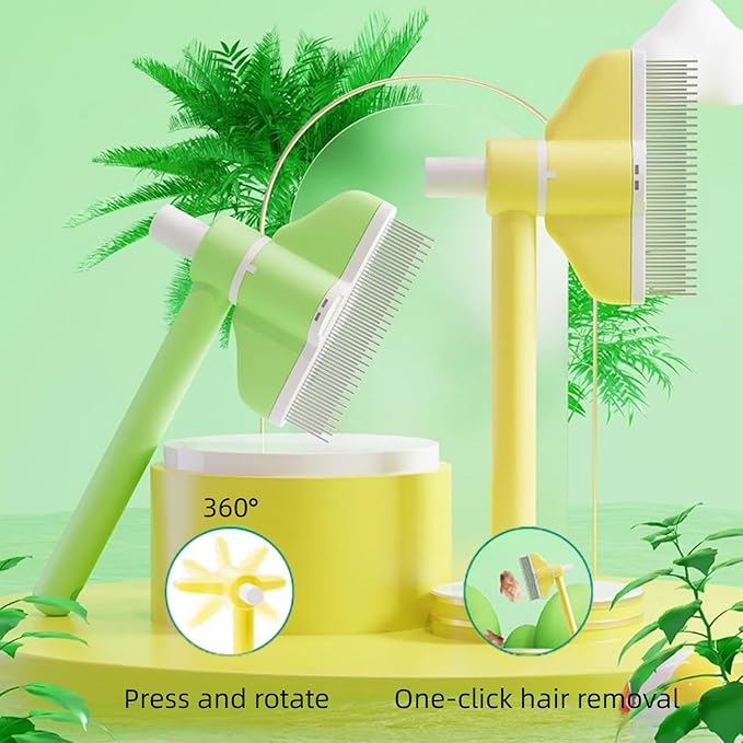 360° Press and Rotate Flea Comb for Cats and Dogs - Self-Cleaning Pet Hair Removal Tool with Release Button & Long-Short Stainless Steel Teeth for Shedding (Yellow)