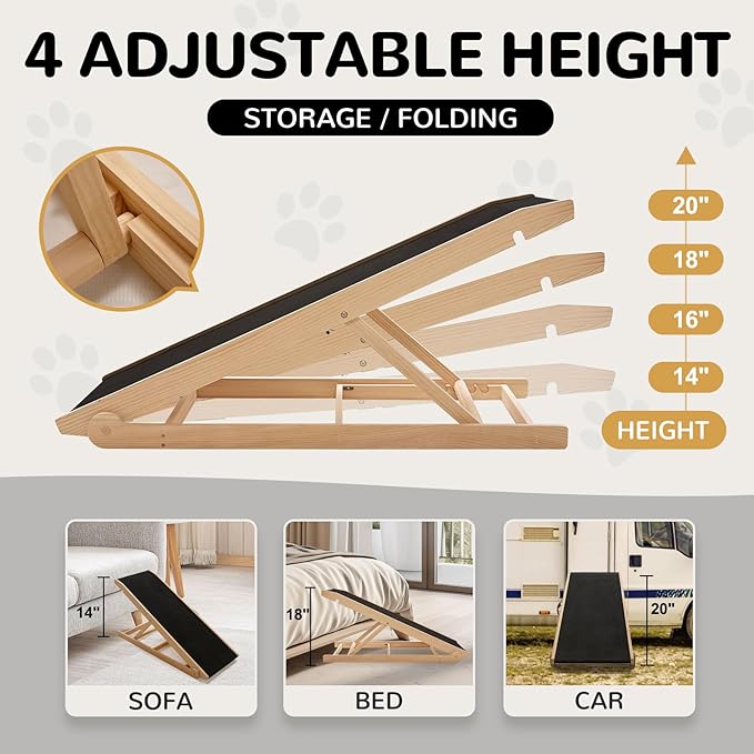 ABORON Dog Ramp,Adjustable Folding Pet Ramp for Bed,Couch,SUV - High Traction Portable Rubber Paw Ramps,Great for Small & Large Old Dogs & Cats, Supports up to 200 lbs