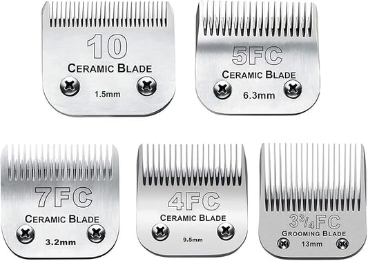 5PACK Dog Grooming Clipper Replacement Blades Compatible with Andis Pet Clipper/Oster A5/Wahl KM Series Dog Clipper with Ceramic Blade & Stainless Steel Blade (#10+5FC+7FC+3FC+4FC)