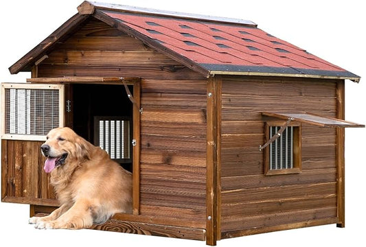 Extra Large Dog House Outdoor Made of Solid Pine Wood, Warm Doghouse, Dog House with Elevated Floor for Large Dogs, (Wood, 2XL)