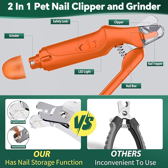 2 in 1 Dog Nail Clippers & Cat Nail Clippers Trimmers for Large Medium Small Dogs Cats Claw Trimmer Quick Sensor and Safety Guard USB Rechargeable Dogs Nail Trimmer with Catcher & 2 LED Lights