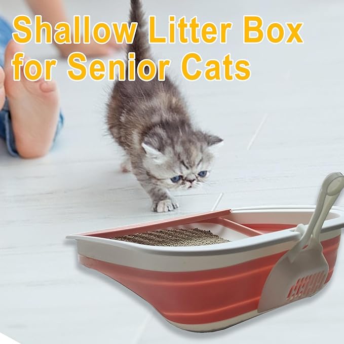 Collapsible Kitten Litter Box, 17.7 x 13.4 x 5 inch Shallow Travel Litter Box Senior Cats Open Cat Potty Pan with Scoop Anti-Splashing Low Entrance Cat Toilet with Falling Sand Pedal Grey