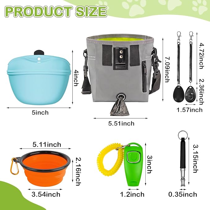 JIURUN Dog Treat Bag, Dog Training Kit - Treat Pouch, Pet Training Fanny Pack, Puppy Training Clicker, 2-in-1 Whistle Clicker, Collapsible Dog Bowl, 2 Dog Poop Bag（Gray）