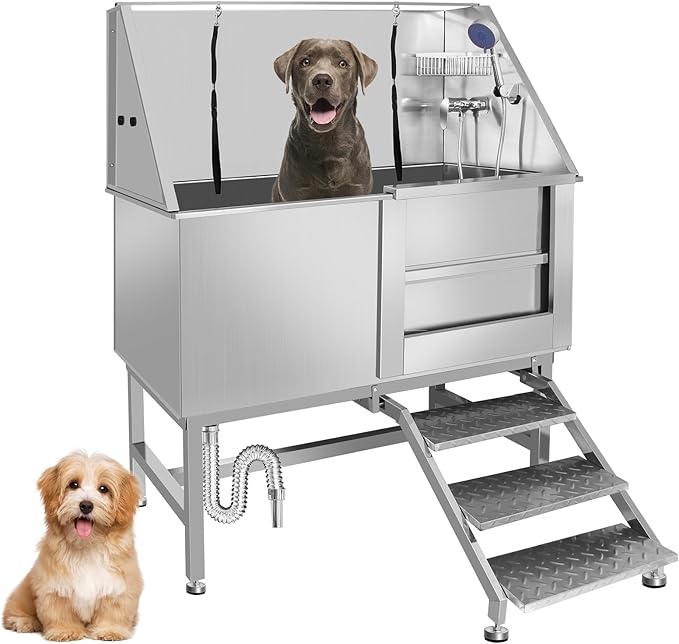 50" Pet Dog Bathing Station W/Ramp, Professional Stainless Steel Dog Grooming Tub W/Soap Box, Faucet,Rich Accessory, Dog Bathtub for Large,Medium,Small Pets, Washing Sink for Home (50" Right ramp)