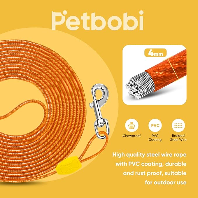 Petbobi Dog Tie-Out Cable 20ft - Heavy-Duty 4mm Metal Cable up to 120lbs, Shock Spring & 360° Swivel Clips, for Yard Camping, Small Medium Large Pets, Orange