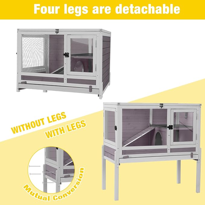 Aivituvin 2-Story Rabbit Hutch with Anti-Chew Ramp & Zinc Sheet - 36.6" Indoor Guinea Pig Cage, Wooden Stand, Pull-Out Tray & Leakproof Floor (Grey)