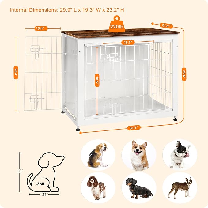 DWANTON Dog Crate Furniture with Cushion, Wooden Kennel Table with Double Doors, Indoor Dog House, Medium Size, 32.5" L, White+Rustic Brown