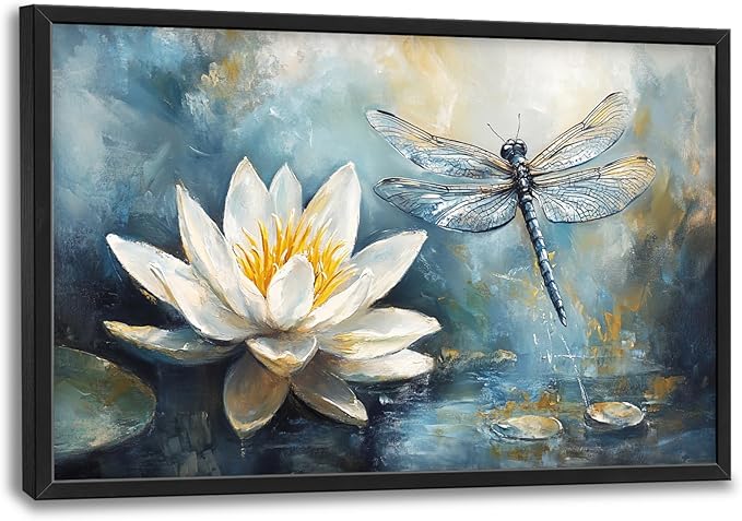Extra Large Lotus Dragonfly Framed Wall Art for Living Room,Abstract Blue Lotus Flower Lake Pictures Wall Decor,Nature Canvas Print Painting Modern Artwork Bedroom Office Bathroom 36L" x 24W"
