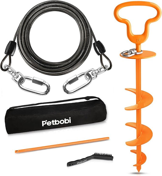 Petbobi Heavy Duty Dog Tie Out Cable and Stake - 20FT Steel Wire Dog Leads for Large Dogs Up to 300lbs, Anti Rust Spiral Stake with Strong Leash & 360° Swivel Hooks - Ideal for Yard, Outdoor & Camping