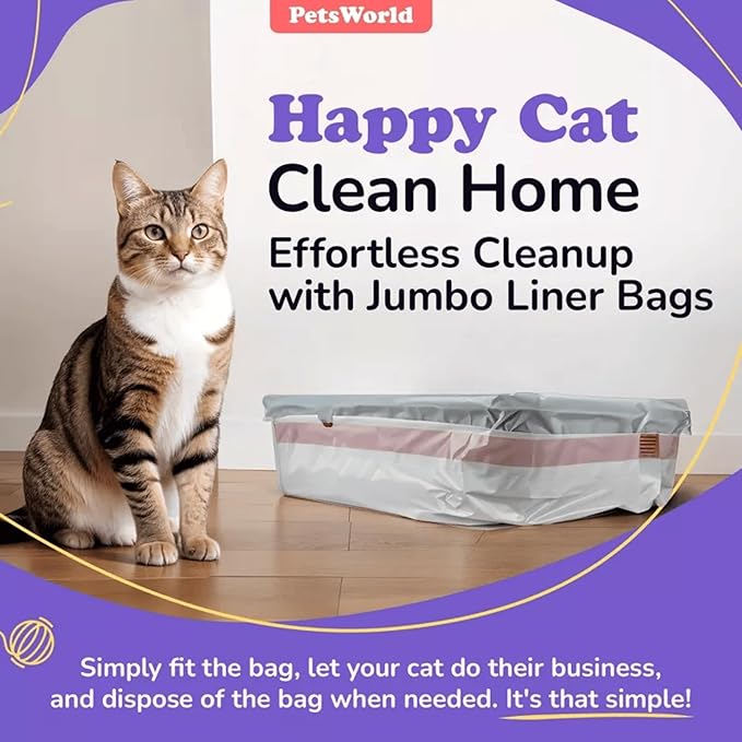 PETSWORLD Cat Litter Box Liners, Heavy Duty Litter Pan Liners Bags with Drawstring for Pet Cat Litter Tray (Unscented) (JUMBO - 45 x 18 Inches, 50 Count)