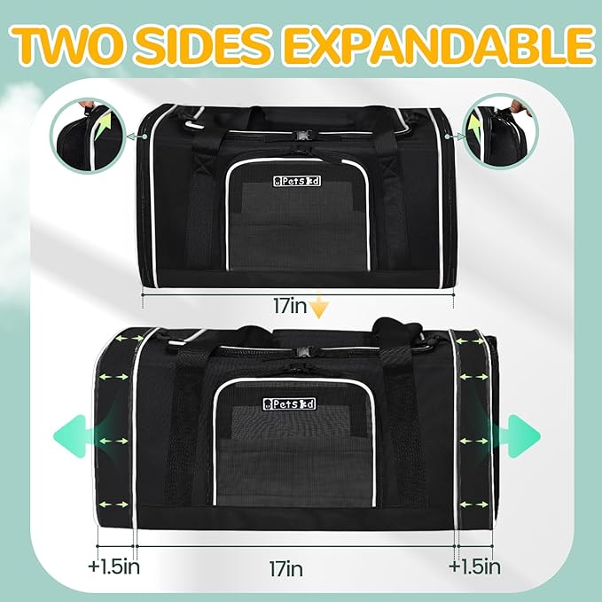 Petskd Length-Expandable Pet Carrier 17x11x9.5 Inches Alaska Airline Approved, Soft Pet Travel Carrier for Small Cats Dogs with Zipper Locks and Anti-Scratch Mesh(Black)