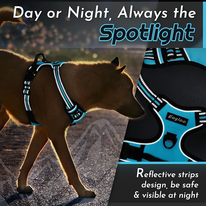 Eagloo Dog Harness for Large Dogs, No Pull Service Vest with Reflective Strips and Control Handle, Adjustable and Comfortable for Easy Walking, No Choke Pet Harness with 2 Metal Rings, Sky Blue, L