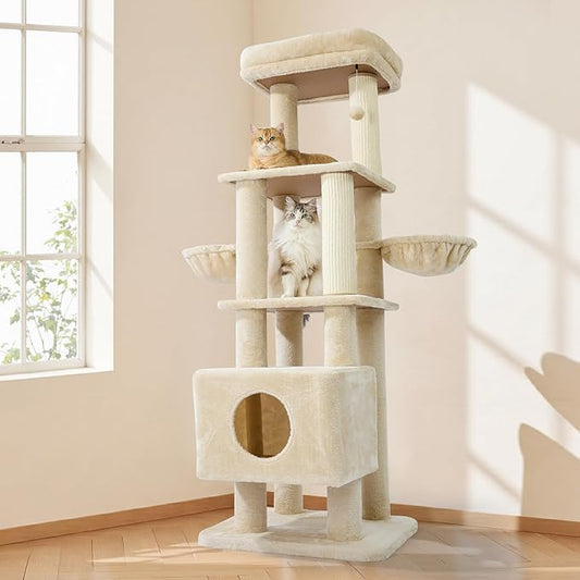 Gardner Pet 65in Heavy Duty Cat Tree Tower for Large Cats, Multi-Level Cat Furniture with Replaceable Sisal Scratching Post, Hammock | Extra-Large Platform & Condo (Upgraded Beige)