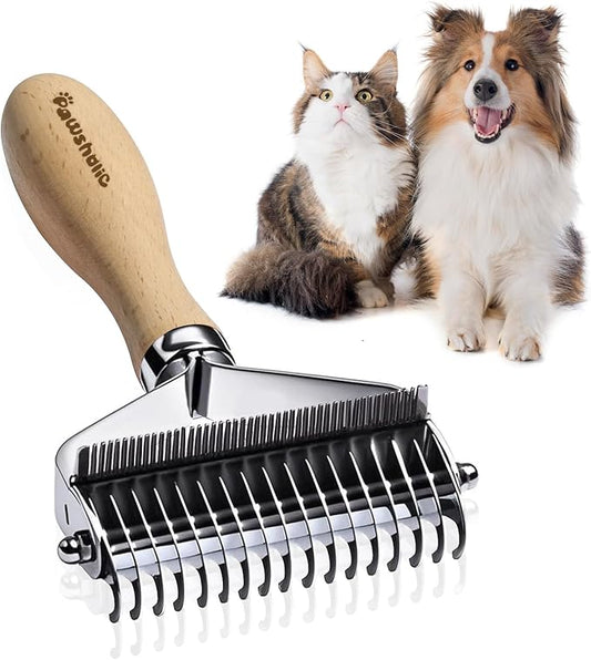 3-in-1 Professional Pet Shedding Dematting Comb - Deshedding Undercoat Rake for Dogs with Stainless Steel Blades Metal Pet Brush with Wood Handle Matted Hair Detangling Thinning and Shedding
