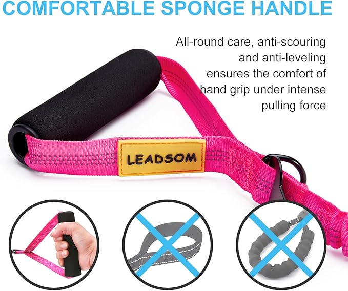 6FT Highly Reflective Heavy Duty Elastic Bungee Medium and Large Dog Leash Shock Absorbing with Comfortable Padded Handle and Traffic Handle Suitable for Training Hot Pink
