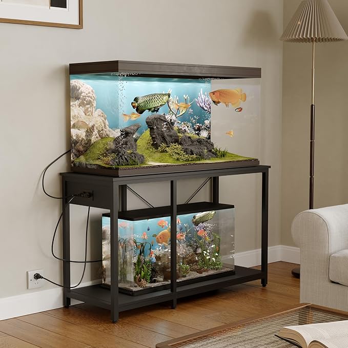 50-75 Gallon Fish Tank Stand with Power Outlet & LED Light, Metal Aquarium Stand with 3 Tier Adjustable Storage Shelves, Tank Stand for Reptile Tank, Turtle Tank, 52" L*19.5" W, Black