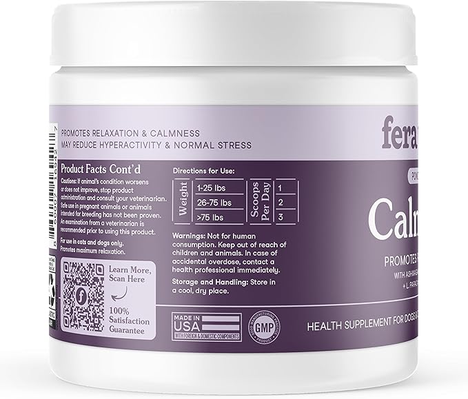 Fera Pets Calming Supplement for Dogs & Cats with Probiotics, L-Theanine, and Ashwagandha - Supports Anxiety Relief - Promotes Relaxation - 60 Scoops