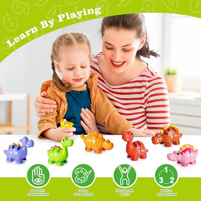 20 PCS Dinosaur Number Learning Toys for Toddlers Kids 3-5, 10 Different Dinosaur Figures, Double Sided Number Matching Game, Preschool Activities Montessori Fine Motor Toys for Toddlers Kids